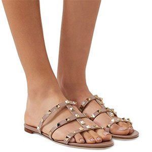 Merumote Gladiator Gold Rivet Studded Straps Natural Flats